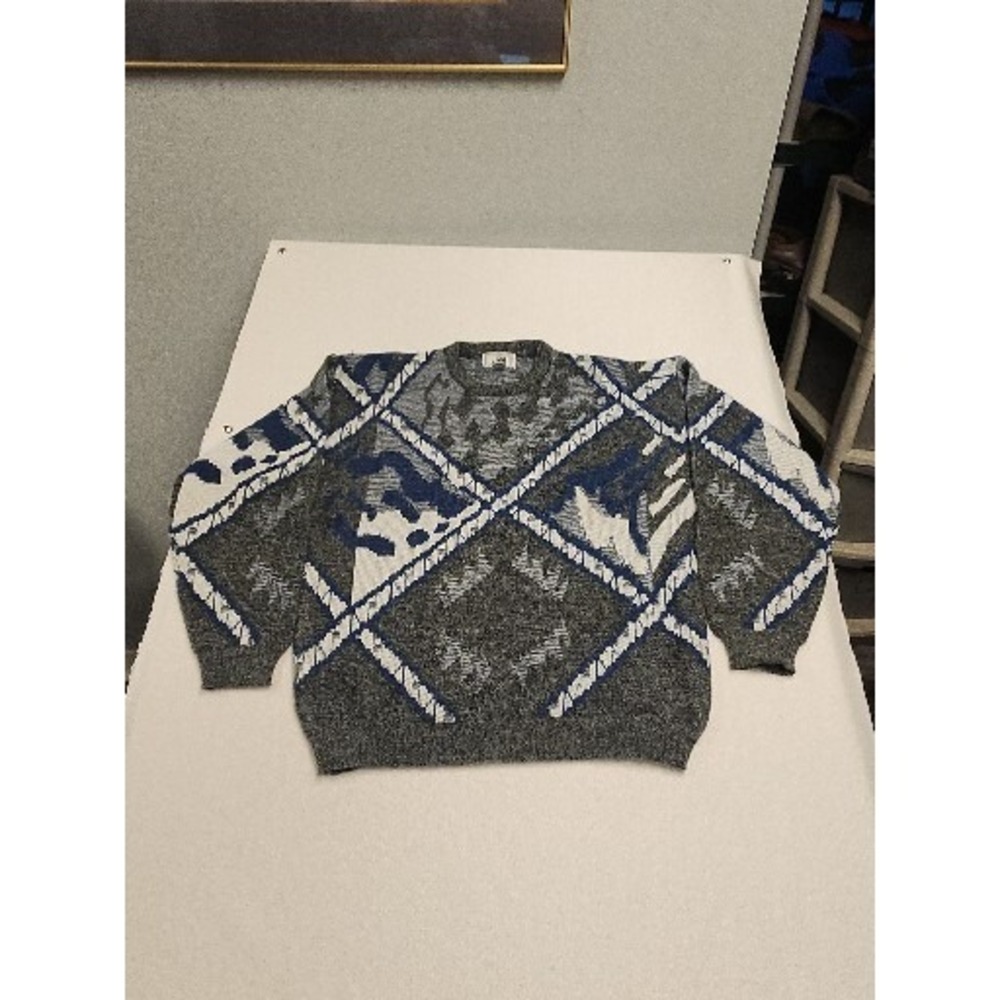 Vintage 80s 90s Jed Wear White Black Geometric Wool Blend  Sweater Men's Size XL